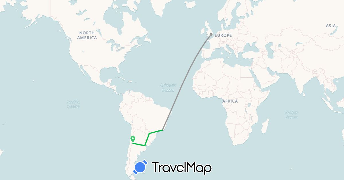 TravelMap itinerary: driving, bus, plane in Argentina, Brazil, United Kingdom (Europe, South America)